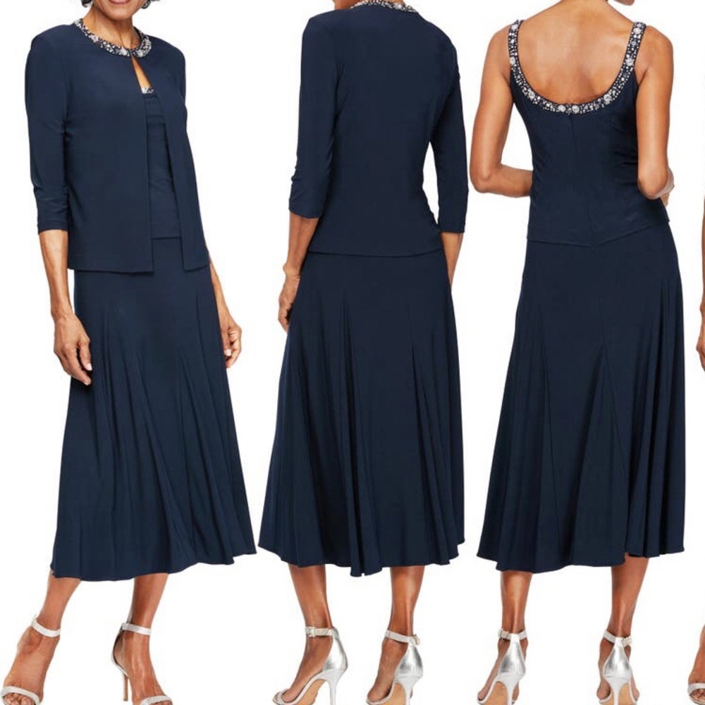 NWT Navy Matte Jersey Jacket Dress with Sequin Beaded Trim Size 16